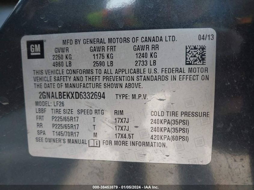 2013 CHEVROLET EQUINOX LS - 2GNALBEKXD6332694