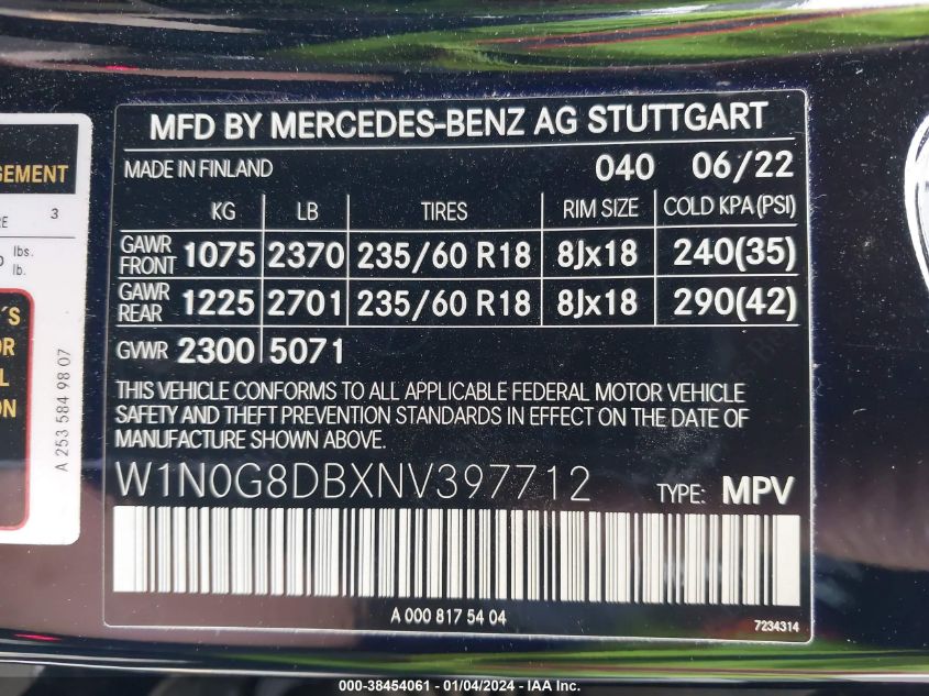 2022 MERCEDES-BENZ GLC 300 SUV - W1N0G8DBXNV397712