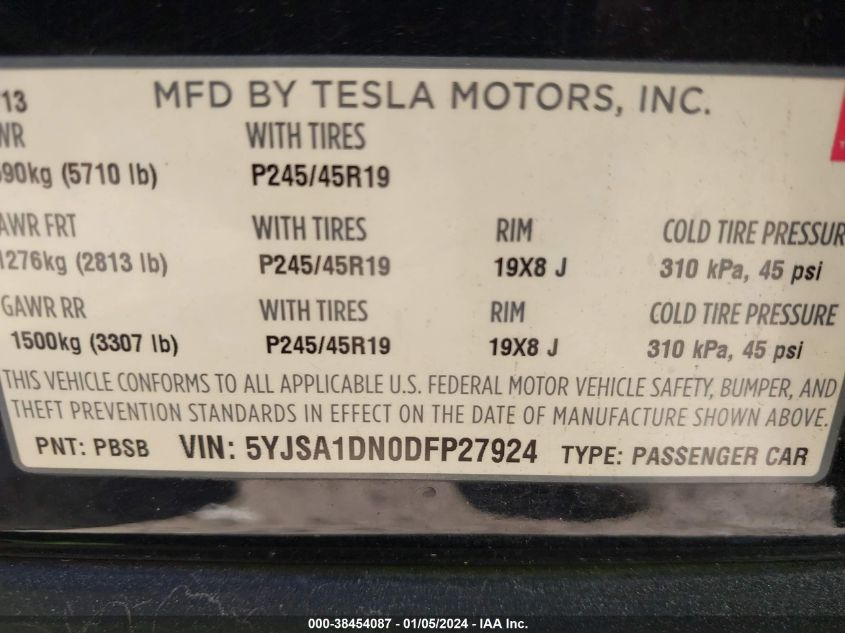 2013 TESLA MODEL S - 5YJSA1DN0DFP27924