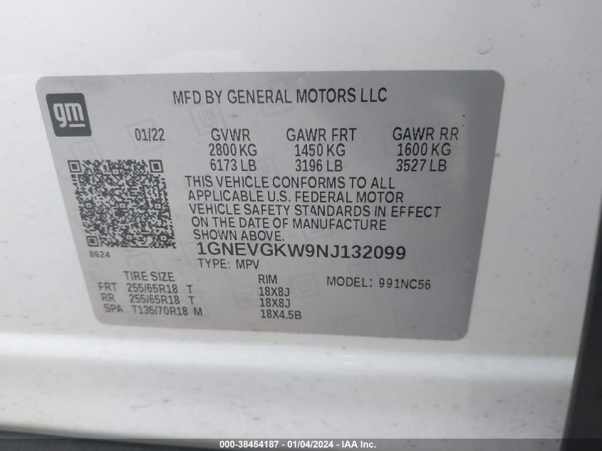 VIN 1GNEVGKW9NJ132099 2022 CHEVROLET TRAVERSE AWD LT CLOTH