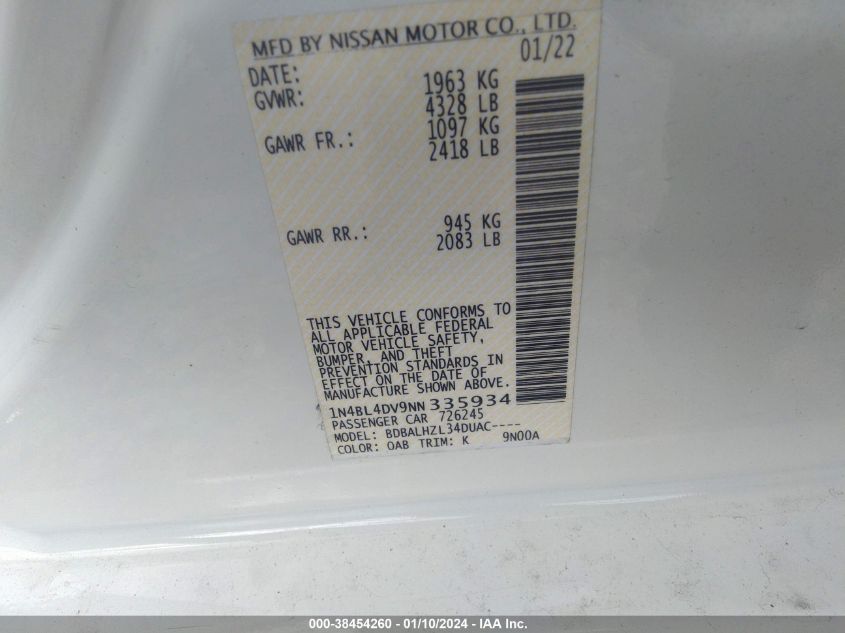 2022 NISSAN ALTIMA SV - 1N4BL4DV9NN335934