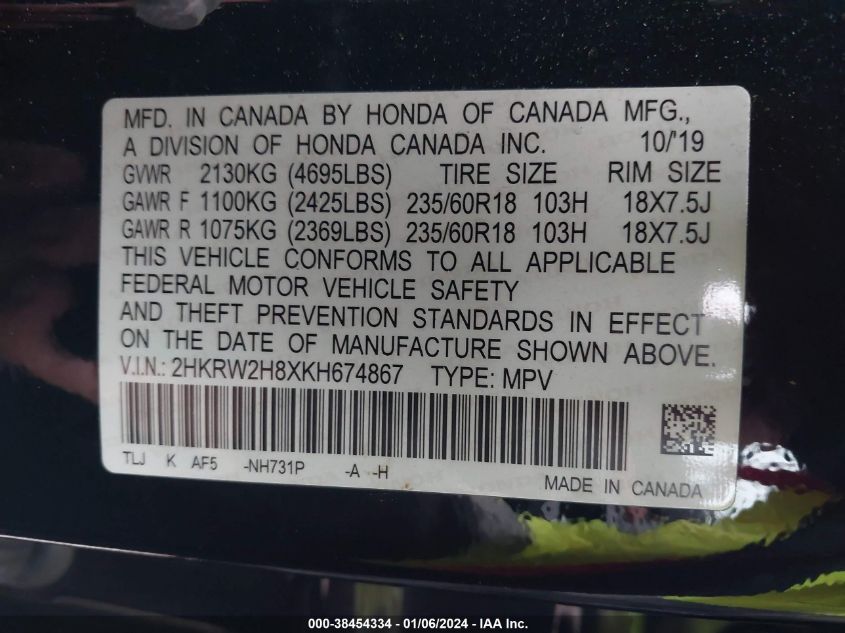 2019 HONDA CR-V EXL - 2HKRW2H8XKH674867