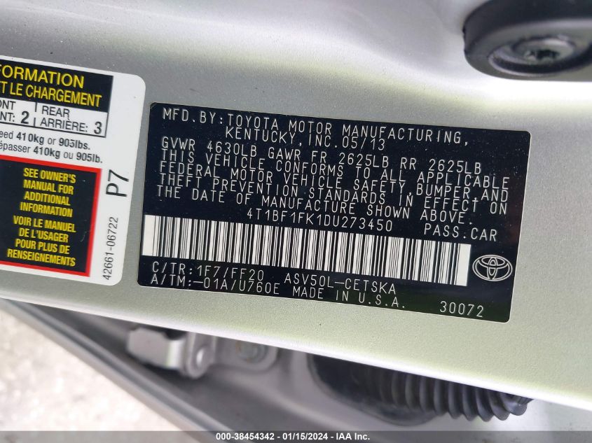 2013 TOYOTA CAMRY L/SE/LE/XLE - 4T1BF1FK1DU273450