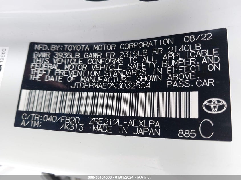 VIN JTDEPMAE9N3032504 2022 TOYOTA COROLLA LE