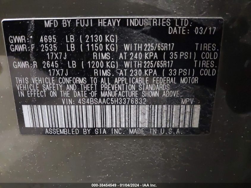VIN 4S4BSAAC5H3376832 2017 SUBARU OUTBACK 2.5I
