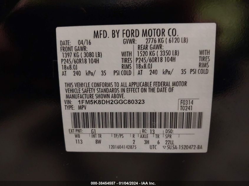 2016 FORD EXPLORER XLT - 1FM5K8DH2GGC80323