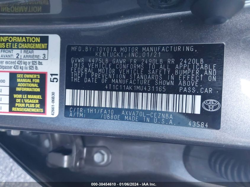 2021 TOYOTA CAMRY LE - 4T1C11AK1MU431165