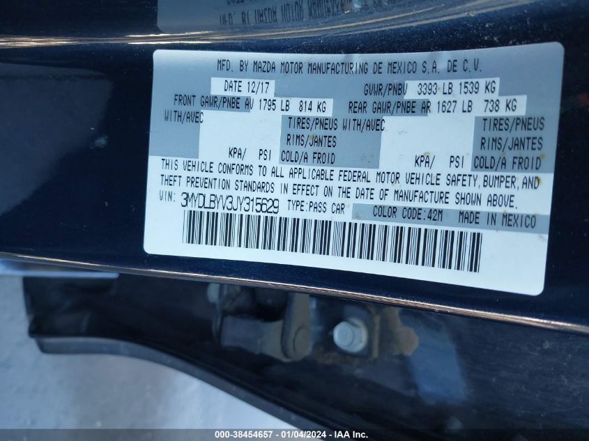 VIN 3MYDLBYV3JY315629 2018 TOYOTA YARIS IA