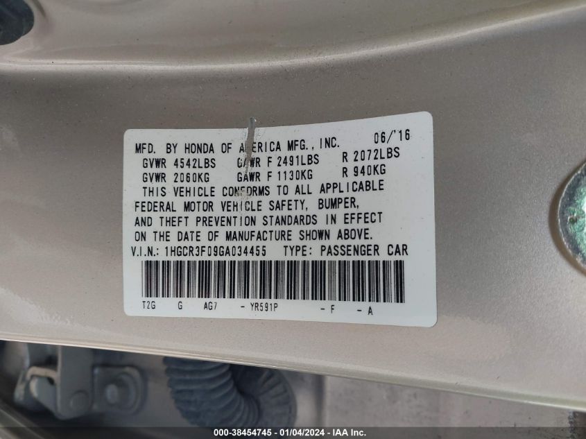 2016 HONDA ACCORD EX-L V-6 - 1HGCR3F09GA034455