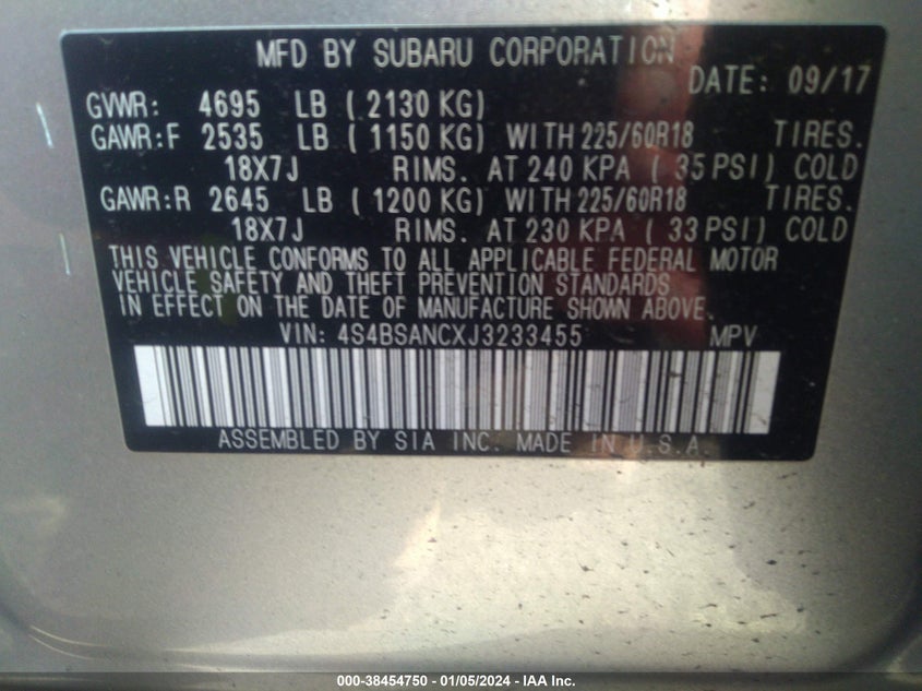 VIN 4S4BSANCXJ3233455 2018 SUBARU OUTBACK 2.5I LIMITED