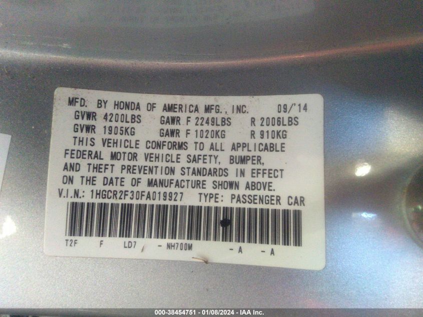 2015 HONDA ACCORD LX - 1HGCR2F30FA019927