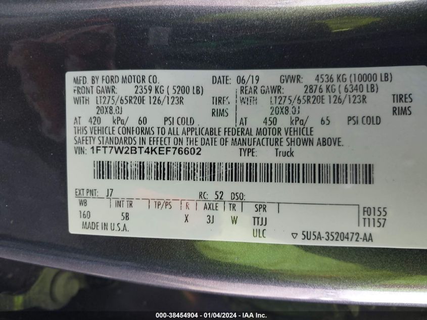 2019 FORD F-250 LARIAT - 1FT7W2BT4KEF76602