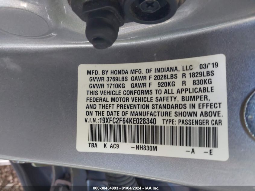 2019 HONDA CIVIC LX - 19XFC2F64KE028340