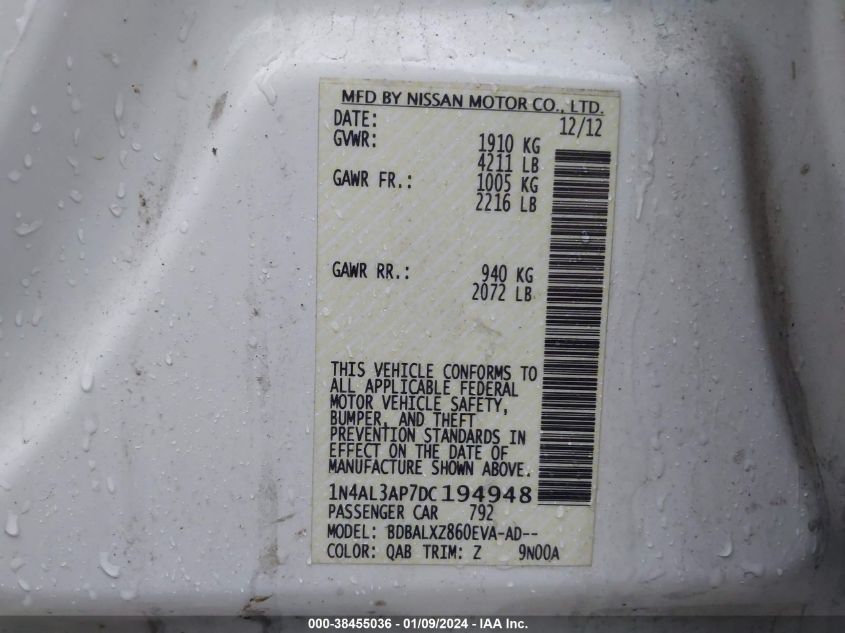 2013 NISSAN ALTIMA 2.5/S/SV/SL - 1N4AL3AP7DC194948