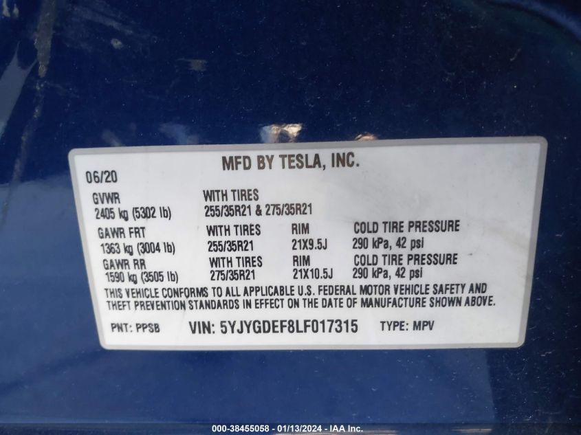 2020 TESLA MODEL Y - 5YJYGDEF8LF017315