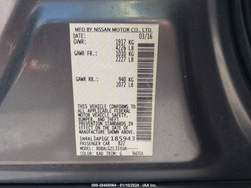 2016 NISSAN ALTIMA 2.5/2.5 S/2.5 SL/2.5 SR/2.5 SV - 1N4AL3AP1GC185943