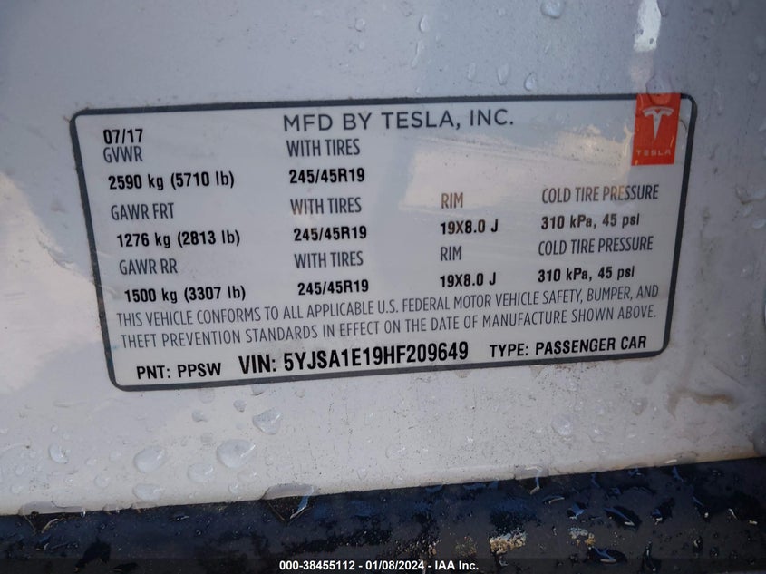 VIN 5YJSA1E19HF209649 2017 TESLA MODEL S 60/75