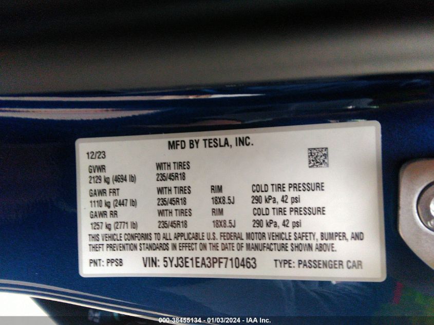 2023 TESLA MODEL 3 REAR-WHEEL DRIVE - 5YJ3E1EA3PF710463