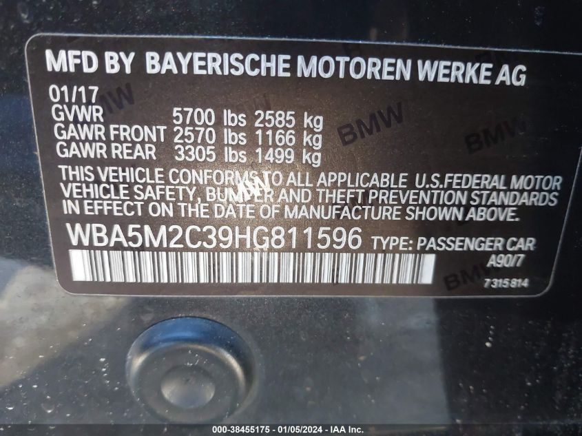 2017 BMW 535I GRAN TURISMO - WBA5M2C39HG811596