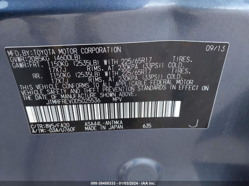 2013 TOYOTA RAV4 XLE - JTMRFREV0D5025536