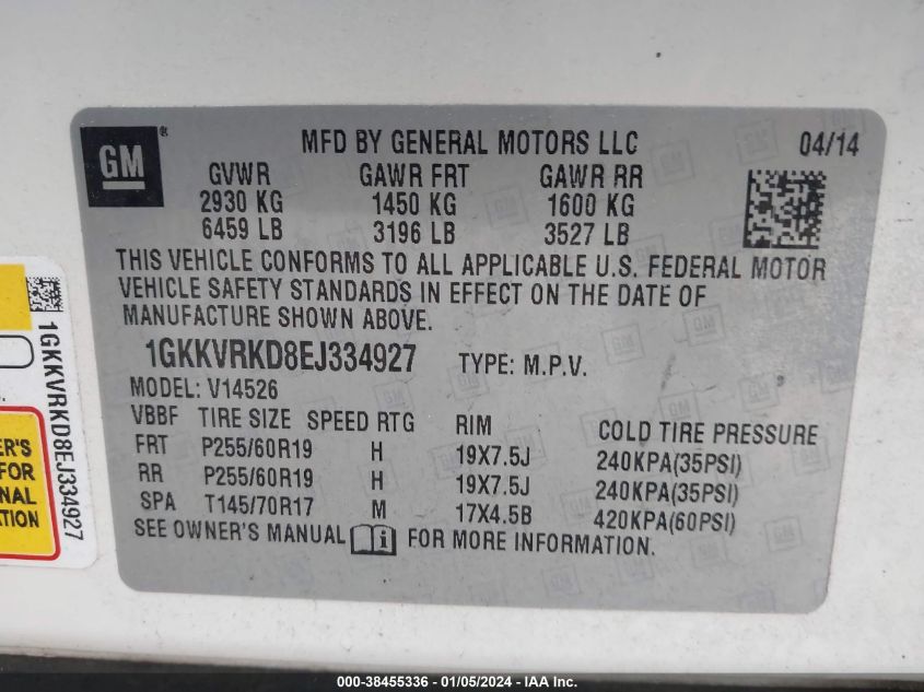 2014 GMC ACADIA SLT-1 - 1GKKVRKD8EJ334927
