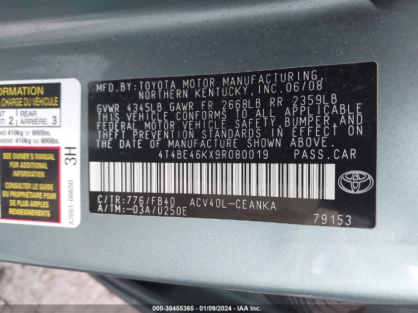 4T4BE46KX9R080019 | 2009 TOYOTA CAMRY