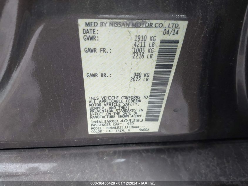 2014 NISSAN ALTIMA 2.5/2.5 S/2.5 SL/2.5 SV - 1N4AL3APXEC403293