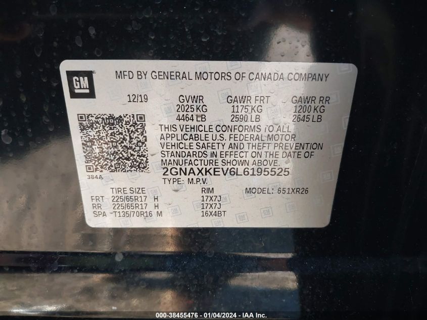2020 CHEVROLET EQUINOX FWD LT 1.5L TURBO - 2GNAXKEV6L6195525