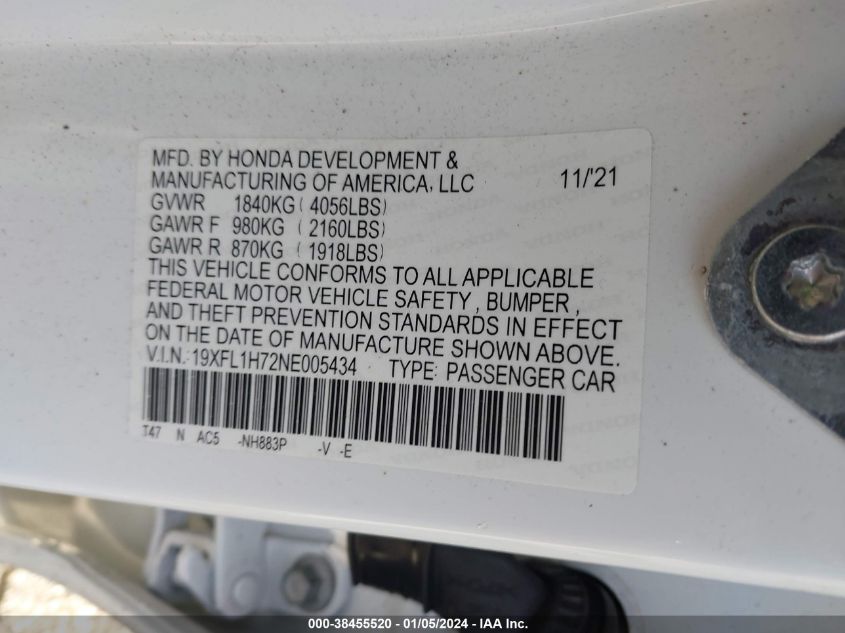 2022 HONDA CIVIC EXL - 19XFL1H72NE005434