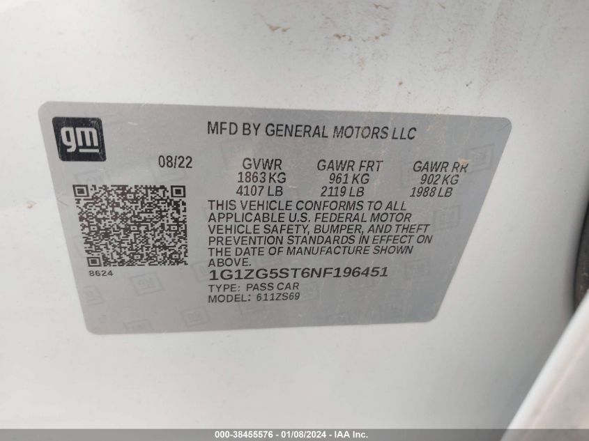 2022 CHEVROLET MALIBU RS - 1G1ZG5ST6NF196451
