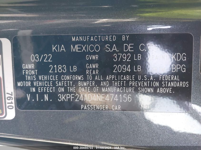 2022 KIA FORTE LXS - 3KPF24AD4NE474156