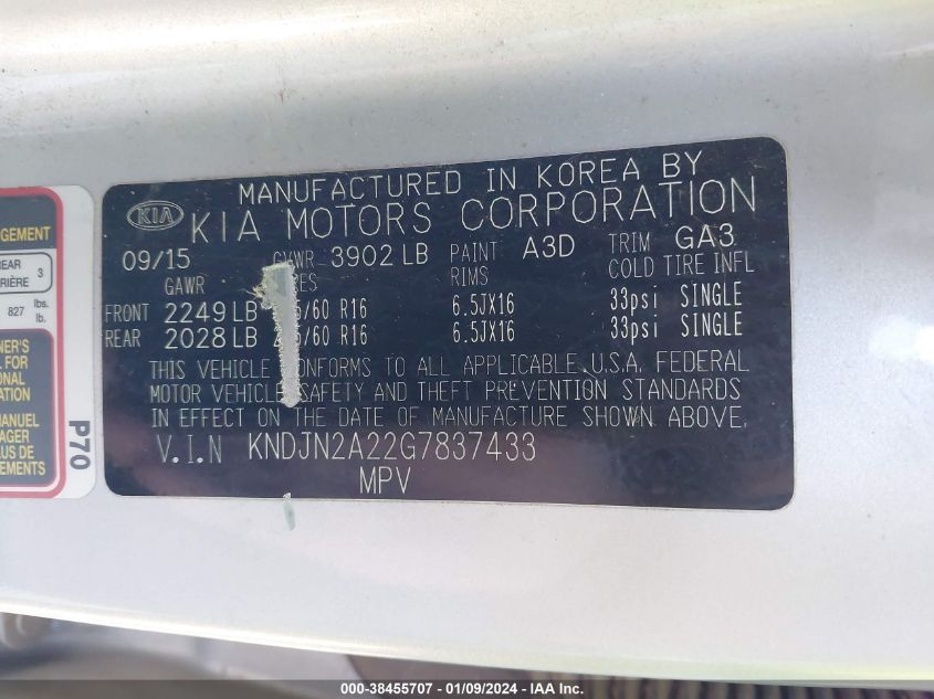 2016 KIA SOUL - KNDJN2A22G7837433