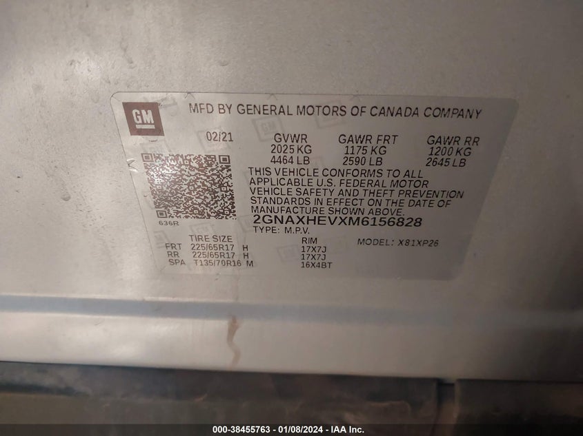 VIN 2GNAXHEVXM6156828 2021 CHEVROLET EQUINOX LS