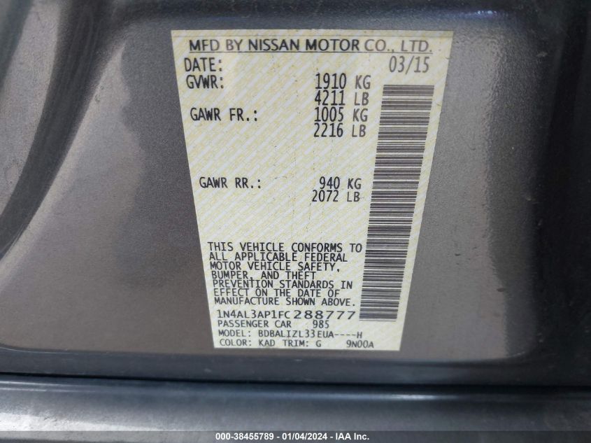2015 NISSAN ALTIMA 2.5 SV - 1N4AL3AP1FC288777