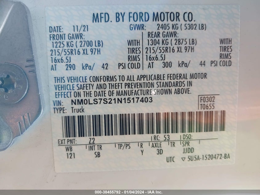 VIN NM0LS7S21N1517403 2022 FORD TRANSIT CONNECT XL