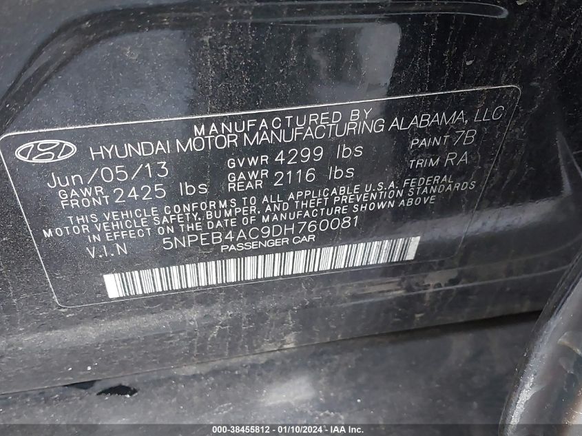 2013 HYUNDAI SONATA GLS - 5NPEB4AC9DH760081