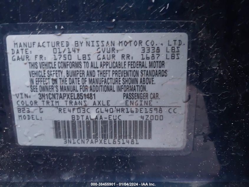 2014 NISSAN VERSA 1.6 S - 3N1CN7APXEL851481