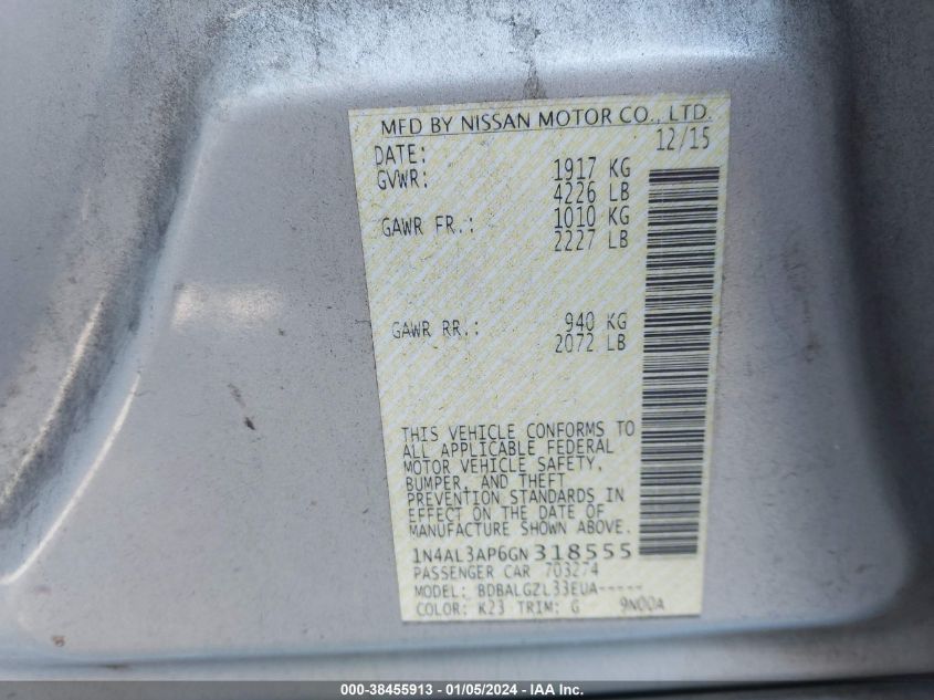 2016 NISSAN ALTIMA 2.5/S/SV/SL/SR - 1N4AL3AP6GN318555