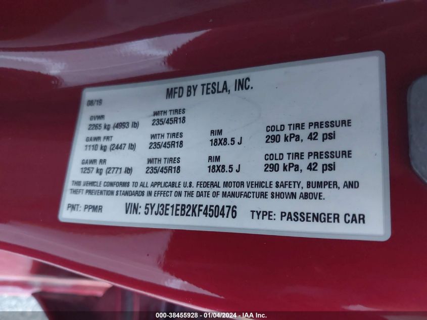 2019 TESLA MODEL 3 - 5YJ3E1EB2KF450476