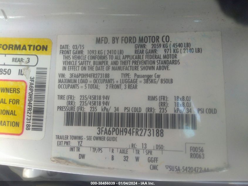 2015 FORD FUSION SE - 3FA6P0H94FR273188