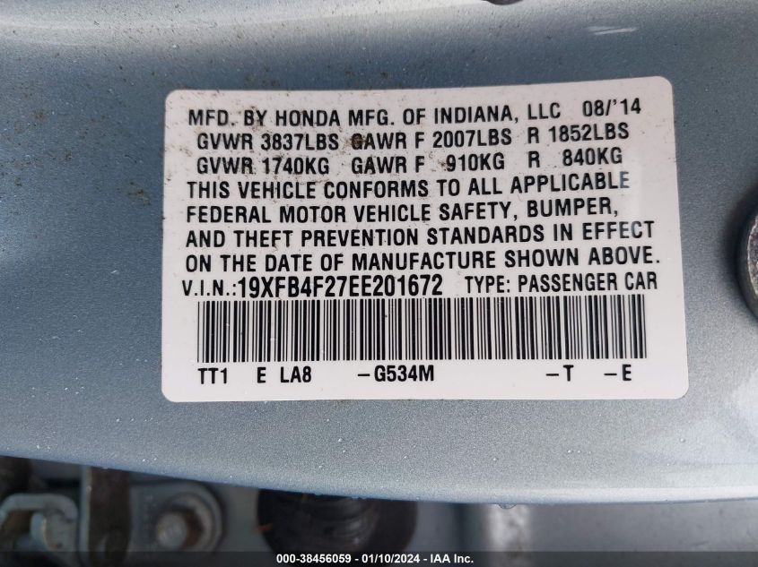 2014 HONDA CIVIC HYBRID - 19XFB4F27EE201672