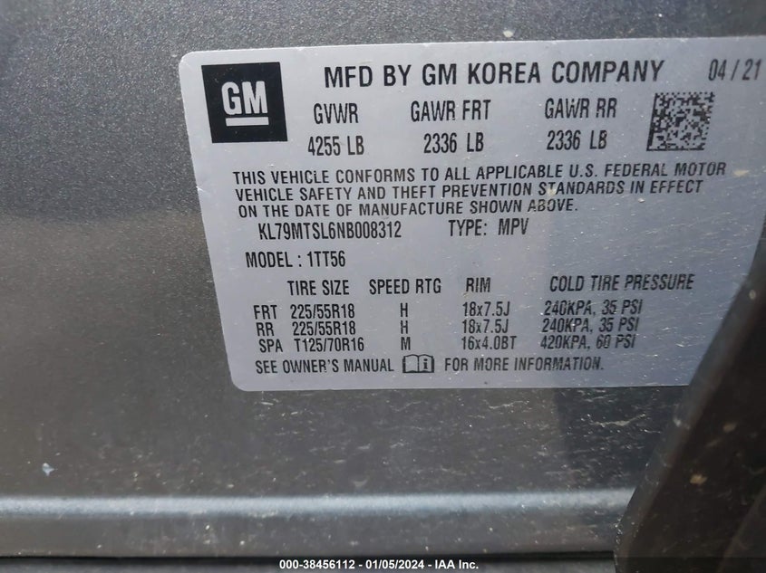 VIN KL79MTSL6NB008312 2022 CHEVROLET TRAILBLAZER RS