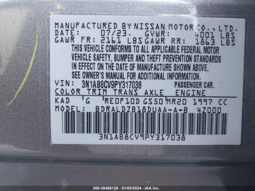 VIN 3N1AB8CV9PY317038 2023 NISSAN SENTRA SV