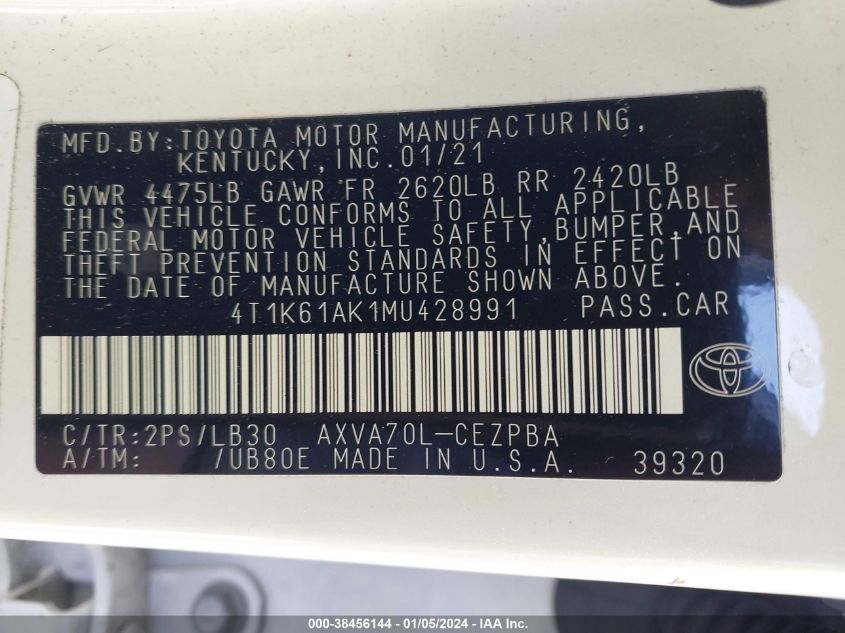 2021 TOYOTA CAMRY XSE - 4T1K61AK1MU428991