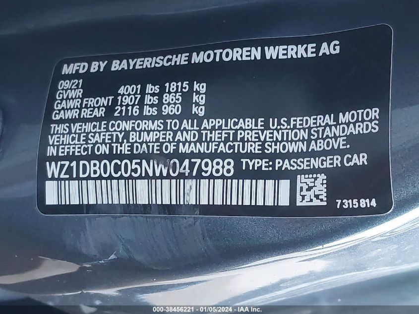 2022 TOYOTA GR SUPRA 3.0 PREMIUM - WZ1DB0C05NW047988