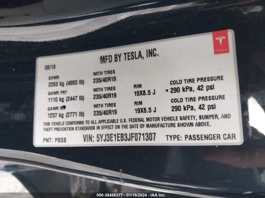 2018 TESLA MODEL 3 LONG RANGE/PERFORMANCE - 5YJ3E1EB3JF071307