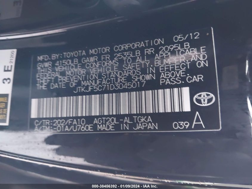 2013 TOYOTA SCION TC - JTKJF5C71D3045017