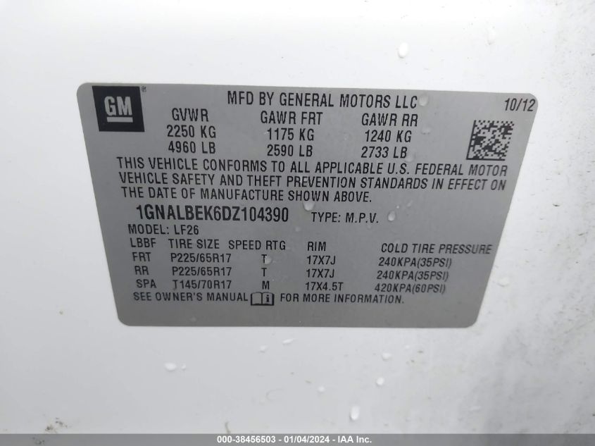2013 CHEVROLET EQUINOX LS - 1GNALBEK6DZ104390
