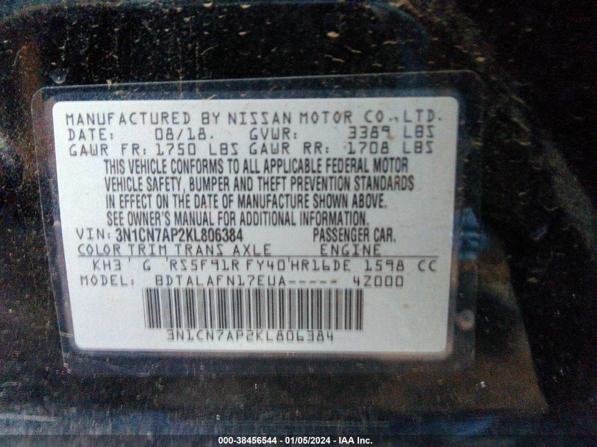 2019 NISSAN VERSA 1.6 S - 3N1CN7AP2KL806384