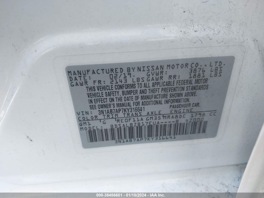 2019 NISSAN SENTRA S/SV/SR/SL - 3N1AB7AP7KY316641